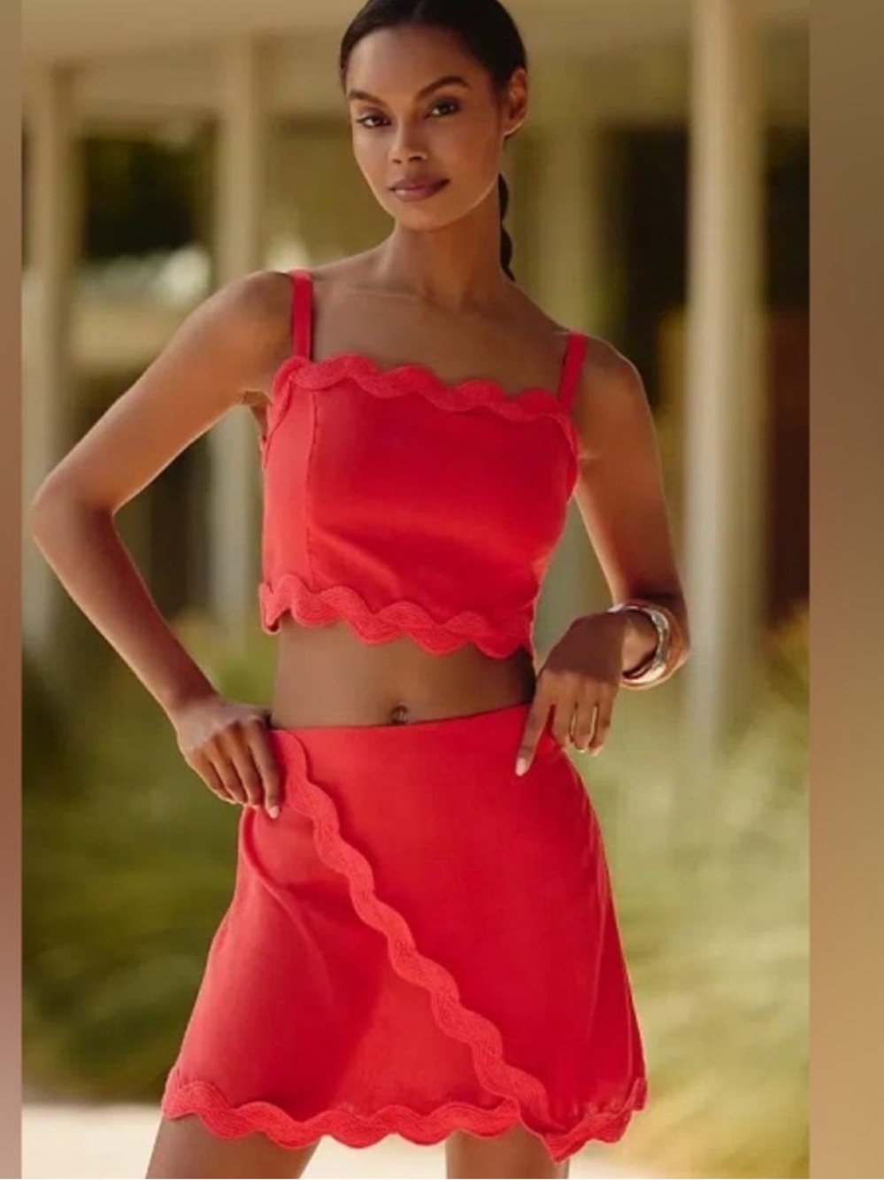 Anthropologie Celandine Red Linen Scalloped Tank/Skirt Set NWT XS